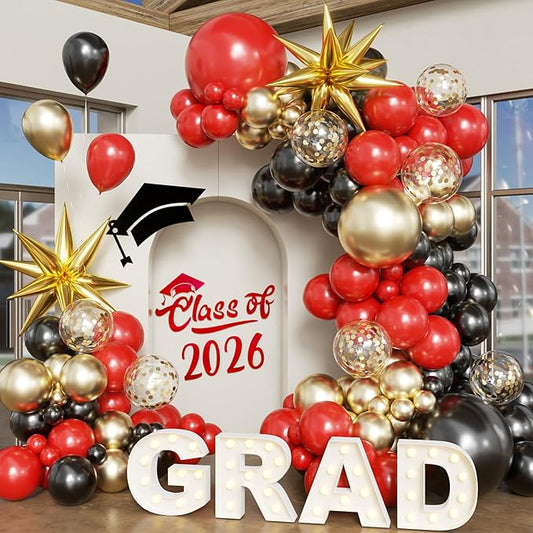 Black Red Gold Balloon Arch Kit, 2026 Graduation Decorations, 130Pcs Black Red Gold Balloons with Foil Star Balloons Confetti Balloons for College High School Graduation Decorations Class of 2026
