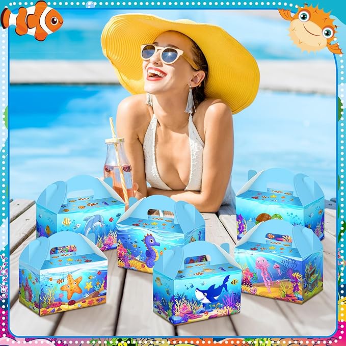 Dunzoom 24 Pcs Under The Sea Party Favor Treat Boxes Ocean Shark Turtle Dolphin Goodie Candy Gift Boxes for Birthday Ocean Animals Party Favors Supplies