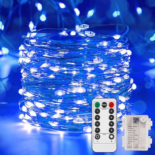 Ariceleo 1 Pack 32.8 Ft. Battery Operated Outdoor String Lights with Remote & Timer, LED Blue Fairy Lights, Waterproof Twinkle Lights for Bedroom, Dorm, Mason Jar, Wedding, Party, Christmas