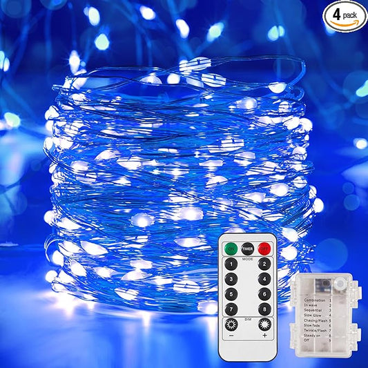 Ariceleo 4 Pack 32.8 Ft. Battery Operated Outdoor String Lights with Remote & Timer, LED Blue Fairy Lights, Waterproof Twinkle Lights for Bedroom, Dorm, Mason Jar, Wedding, Party, Christmas