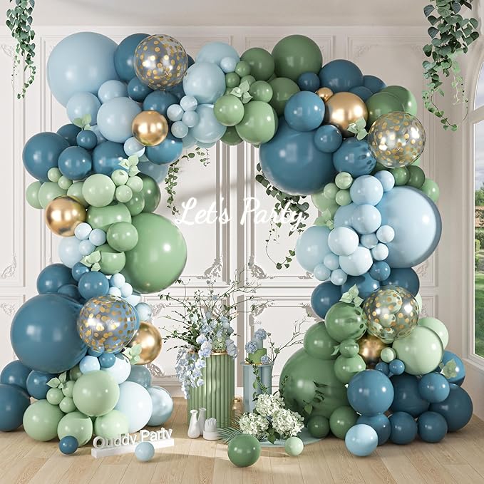 Ouddy Party 149Pcs Dusty Blue Green Pastel Blue Gold Balloon Garland Kit Different Sizes 18 12 10 5Inch, 6Pcs 18”Metallic Gold Confetti Balloons for Baby Shower Wedding Birthday Boho Party Decorations