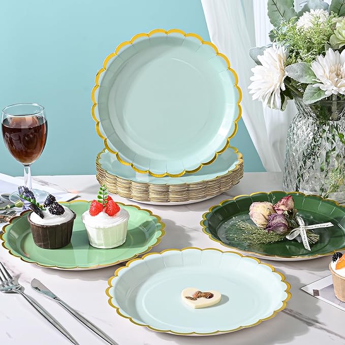 AimFun 24 Pcs Sage Green Scalloped Party Plates St Patricks Day Gold Foil Paper Plates Disposable 9inch Gradient Serving Plates for Birthday Wedding Bridal Baby Shower Party Supplies