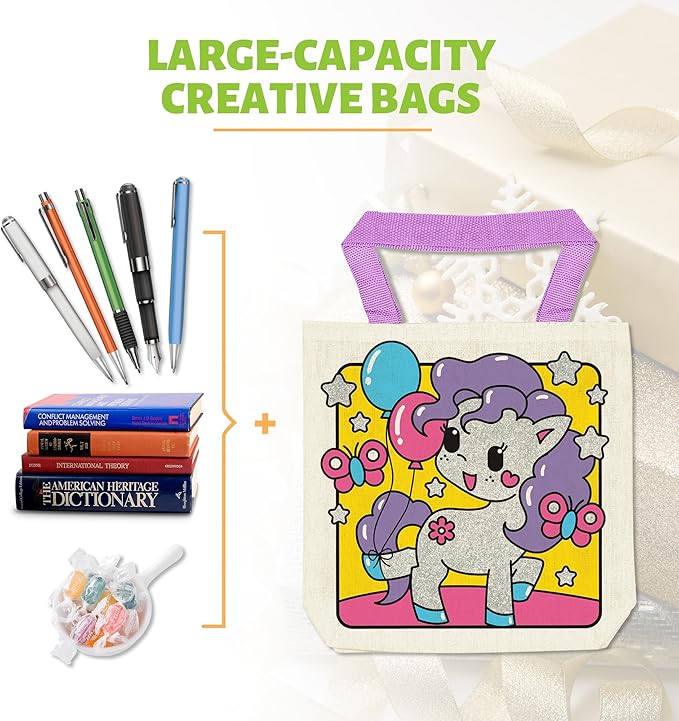 8 Pieces Kids Coloring Goodie Bags, Reusable Canvas Bag, Cute Art Party Favors, Color Your Own Bags for DIY Painting Birthday Carnival Celebration, Party Supplies Gift, Girls