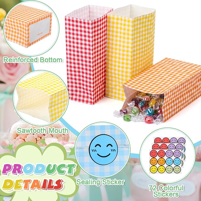 Nezyo 60 Pcs Pastel Gingham Paper Gift Bags with Stickers for Party 5.1 x 3.1 x 9.4 Inches Colorful Rainbow Paper Candy Bag for Party Favor Wedding Birthday Candy Snack DIY Goodie Treat (Plaid)