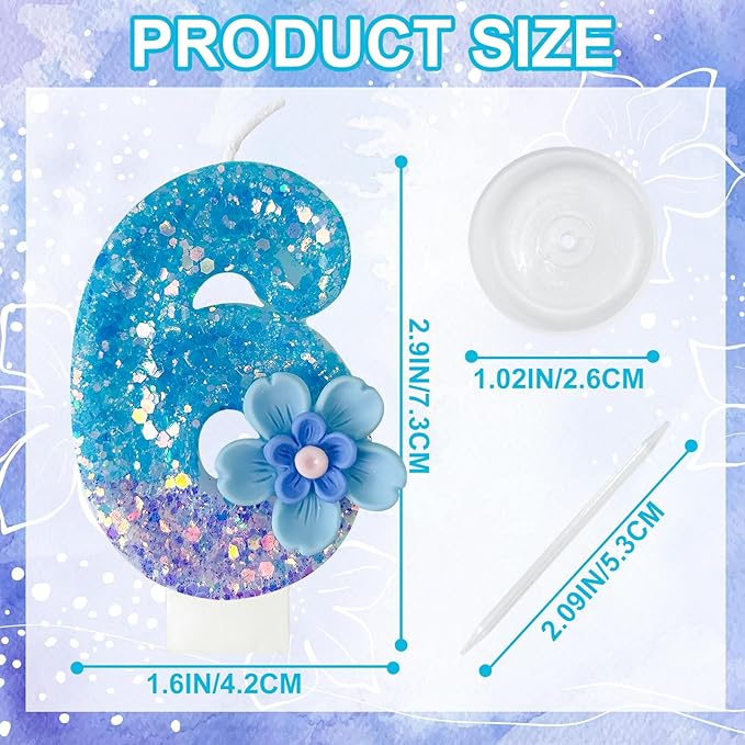 Blue Purple Flower Birthday Number Candles, Flower Theme Party Decorations, Cupcake Decorations, Suitable for Party Celebrations, Boys and Girls Birthday Decorations（6）