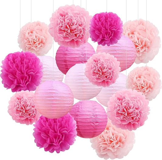 BEISHIDA Pink White Tissue Hanging Paper Flowers Lanterns Party Decorations Set for Birthday Graduation Baby Shower Bridal Bachelorette Wedding Photo Booth Backdrops Party Supplies(18 Packs)
