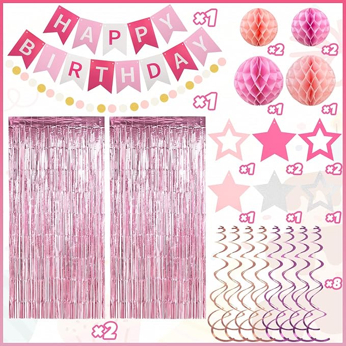 ZERODECO Birthday Decorations, Happy Birthday Banner with Paper Honeycomb, Star Hanging Swirl, Fringe Curtain, Garland, Birthday Party Decorations for Women Girls (Pink)