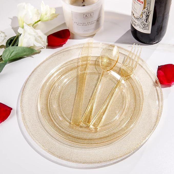 Supernal 300pcs Gold Glitter Plastic Silverware Set-Heavy Duty Disposable Gold Cutlery for Weddings, Parties Include 100 Forks, 100 Spoons & 100 Knives-Glitter Plastic Utensils for 100 Guests