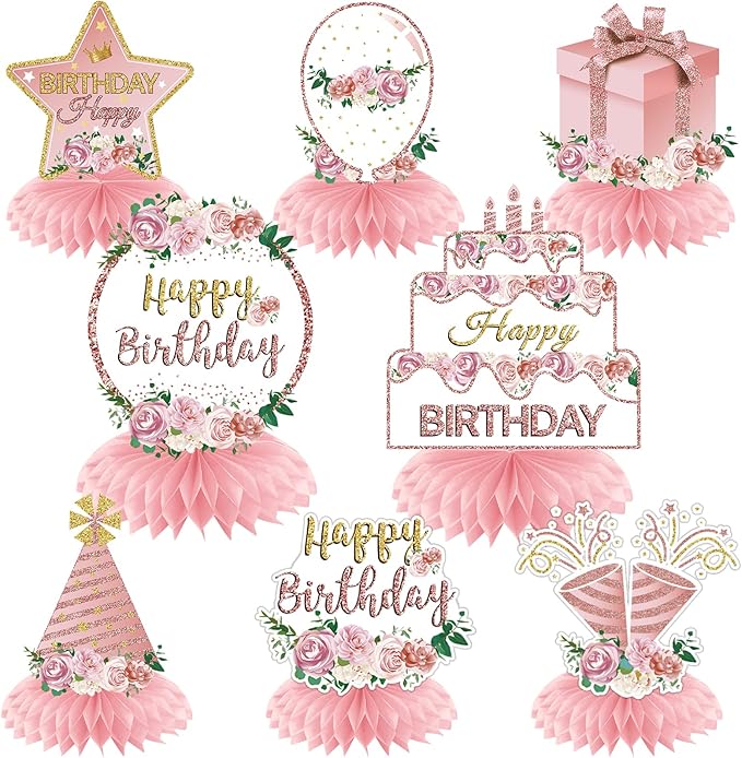 Aodocuto Pink Rose Gold Birthday Decorations Floral Honeycomb Centerpieces for Women Girls, 8pcs Floral Birthday Table Centerpiece Party Supplies, 16th 18th 21th 30th 40th 50th 60th Bday Table Topper