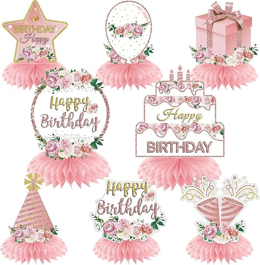 Aodocuto Pink Rose Gold Birthday Decorations Floral Honeycomb Centerpieces for Women Girls, 8pcs Floral Birthday Table Centerpiece Party Supplies, 16th 18th 21th 30th 40th 50th 60th Bday Table Topper