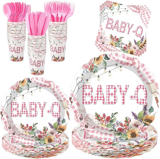 Havawish 168 Pcs BBQ Baby Shower Decorations Tableware Set Rustic Barbecue Gender Reveal Disposable Plates Cups Napkins Knives Forks Spoons with Pink Flowers Design for 24 Guests Party Supplies