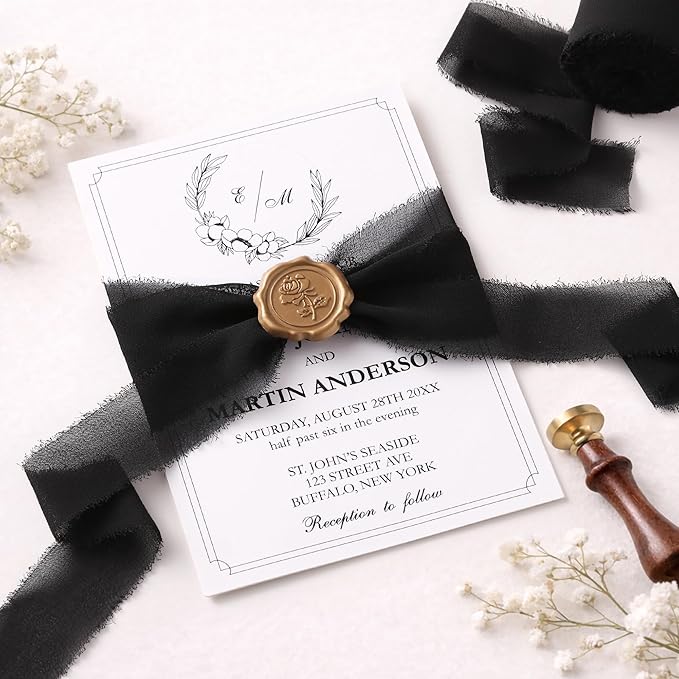 DORIS HOME Black Chiffon Ribbon for Flower Bouquet, 1" x21Yd Fabric Ribbon for Gift Wrapping, Handmade Frayed Ribbon for Wedding Invitations/Christmas Decorations