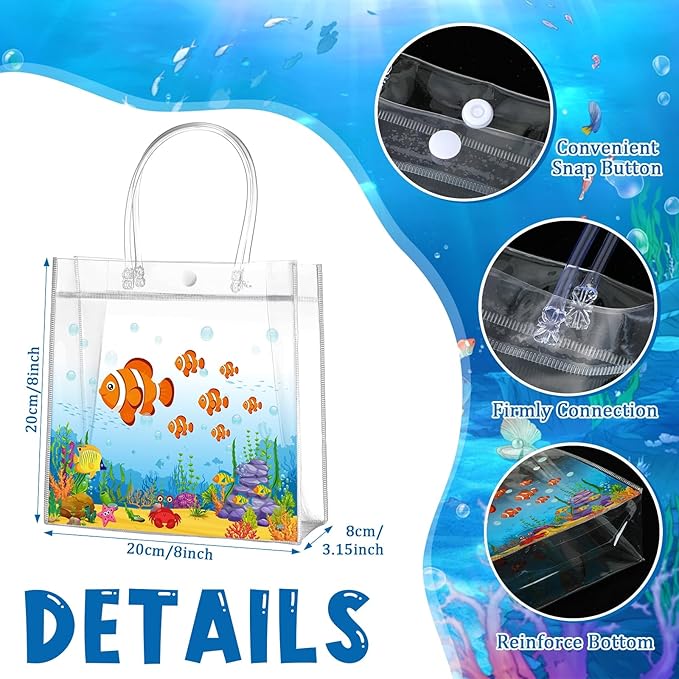 Aliceset 20 Pcs Under the Sea Party Clear Favor Bags with Handles Sea Party Candy Treat Bags Marine Ocean Animals Theme Goodies for Birthday Baby Shower Supplies Candy Snack Wrapping