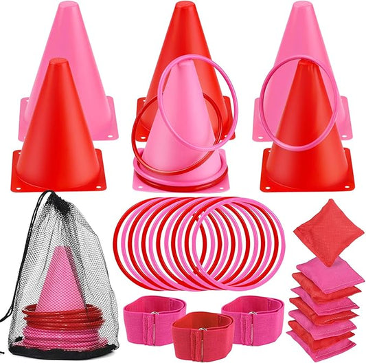 33pcs 4 in 1 Valentines Day Games for Kids with Ring Toss, Plastic Cones, Bean Bags, 3-Legged Race Bands, Carnival Valentine's Games Activity Combo Set for Kids Classroom Indoor Outdoor Party Yard