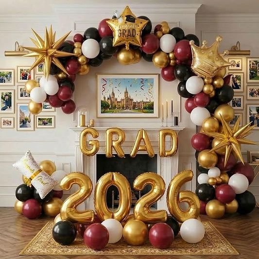 Maroon Themed Graduation Balloon Garland Arch Kit with foil Balloons for High School College students graduate class of 2026 Prom Congrats Party Decorations Backdrop (Burgundy black white gold)