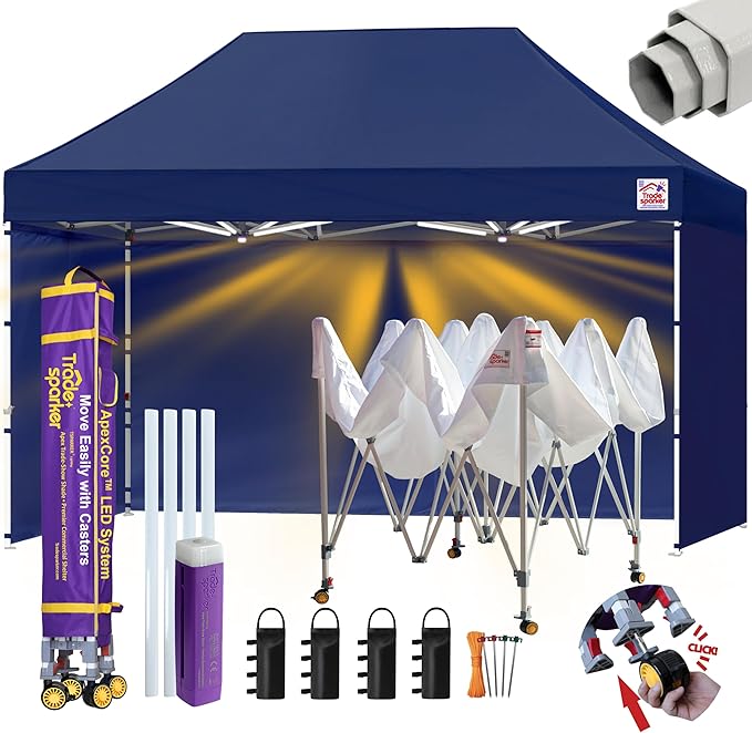 Tradesparker Pop Up Tent,Commercial Movable Canopy with ApexCore LED&Rugged Casters-Instant Easy Setup Shelter Canopies with Weight Bags&Stakes for Outdoor Events(8x12, with 4 Sidewalls, Navy Blue)