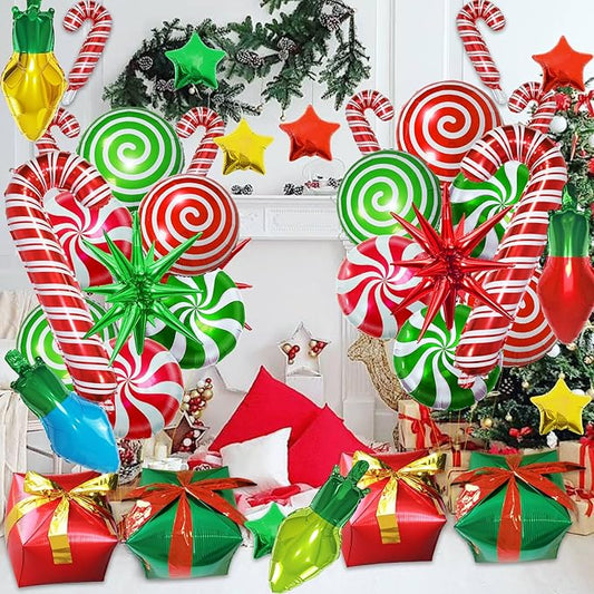 35Pcs Christmas Foil Balloons Set, Xmas Swirl Candy Cane Light Star Mylar Big Gift Boxes Balloons for Christmas New Year Xmas Party Decorations