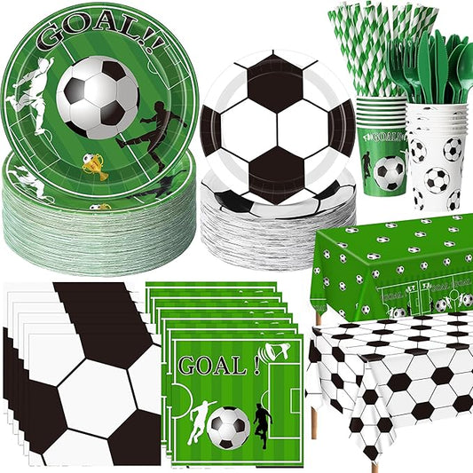 Potchen 452 Pcs Party Supplies Serve 50 Guests, Paper Plates Napkins Cups Cutlery Plastic Tablecloth Dinnerware for Birthday Wedding Party Decoration(Green, Soccer)