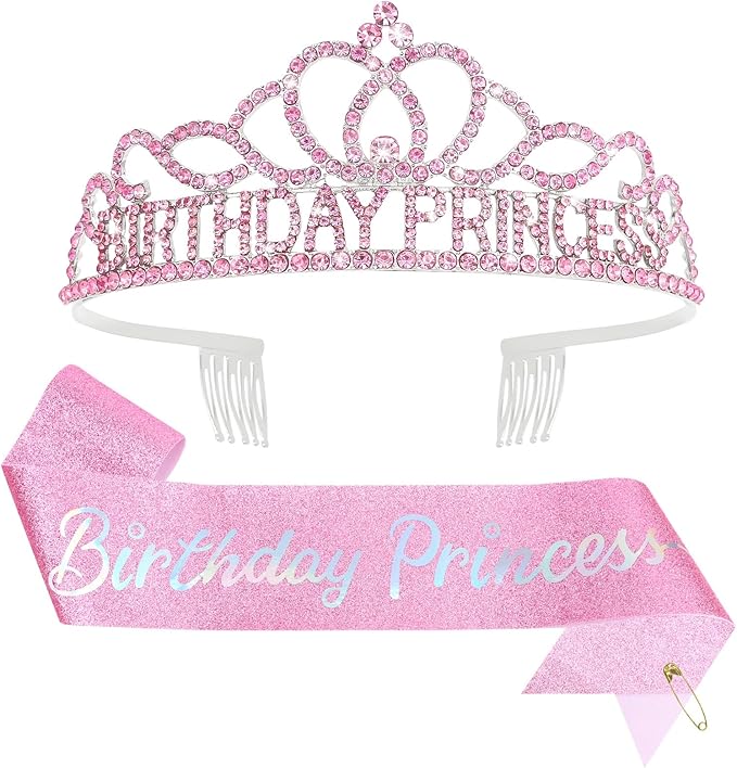 CAVETEE Princess Crowns and Sashes for Girls & Women - Birthday Party Decorations Set