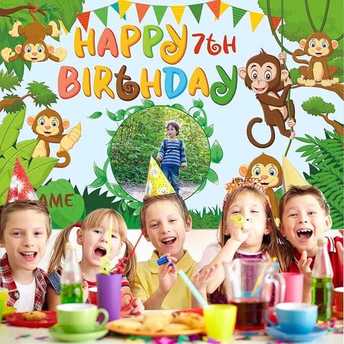 Custom Monkey Jungle Safari Happy Birthday Party Decorations Supplies Personalized Monkey Jungle Safari Green Birthday Backdrop Banner(4x6ft)