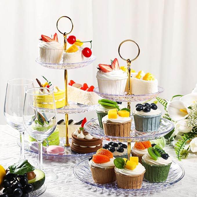 Patelai 8 Packs 3 Tier Crystal Acrylic Clear Cake Stand with Gold Round Holder Acrylic Cupcake Stand Holder for Home Wedding Holiday Birthday Baby Shower Tea Party (Clear)