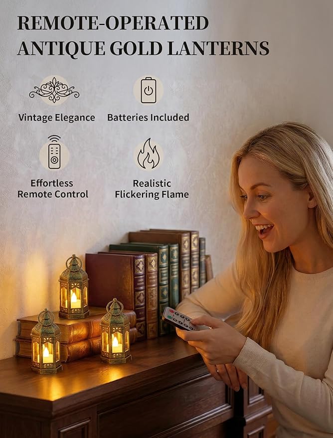 Romadedi Decorative Mini Lanterns for Centerpieces - Set of 10 Gold Vintage Small Candle Lantern Bulk with Remote for Wedding Table Decor Party Ramadan Christmas Halloween, Batteries Included