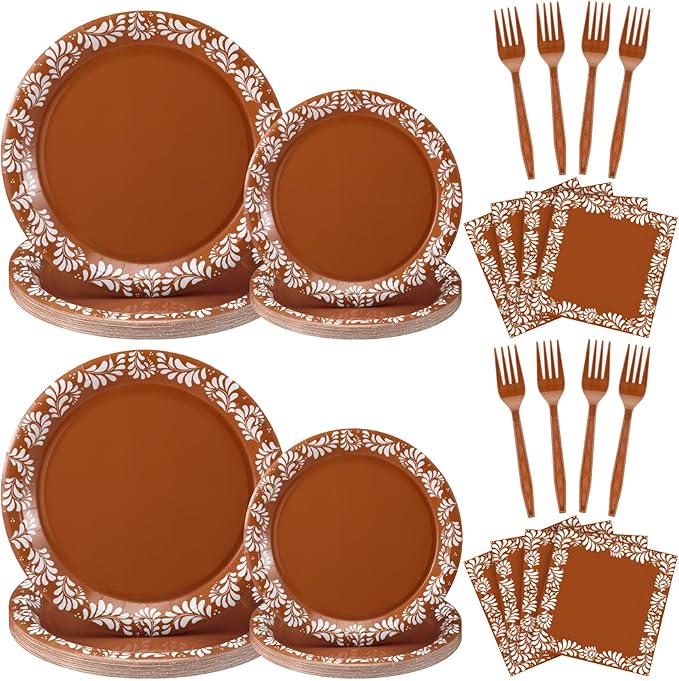 AmazingSpark 122 Pcs Brown Cielito Lindo Baby Shower Decoration Platos De Barro Mexicanos Fiesta Talavera Paper Plates Mexican Napkins Forks Tableware Set for Birthday Weeding Party Supplies, Serve 24
