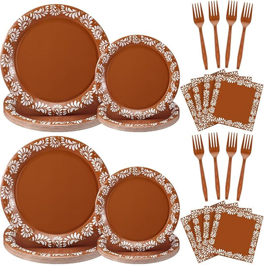 AmazingSpark 122 Pcs Brown Cielito Lindo Baby Shower Decoration Platos De Barro Mexicanos Fiesta Talavera Paper Plates Mexican Napkins Forks Tableware Set for Birthday Weeding Party Supplies, Serve 24