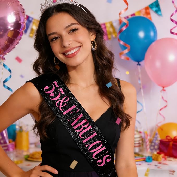 55 & Fabulous Sash, Funny 55th Birthday Sash for Women 55th Bday Party Photo Prop Favors Suppiles, Pink Foil Letter, Glitter Black