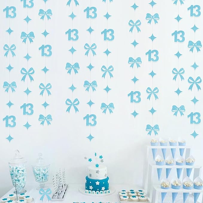 Glitter Blue 13th Bow Birthday Decorations Teal Blue Conquette Bow Garland Streamer Banner Backdrop for Girls Happy 13th Birthday Official Teenager Cheers to 13 Years Old Anniversary Party Supplies