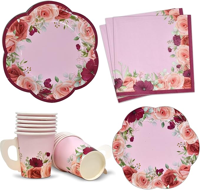 96 Pcs Floral Tea Party Supplies for 24 Disposable Tea Party Cups with Handle 7??5??Floral Paper Plates Paper Napkins for Birthday Bridal Shower