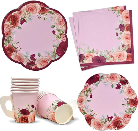 96 Pcs Floral Tea Party Supplies for 24 Disposable Tea Party Cups with Handle 7??5??Floral Paper Plates Paper Napkins for Birthday Bridal Shower