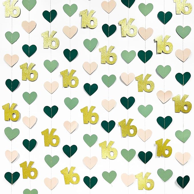 Sage Green Gold 16th Birthday Decorations Sage Green Gold Heart Garland Streamer Banner Backdrop for Girls Happy 16th Birthday Sweet 16 Decorations Cheers to 16 Years Old Anniversary Party Supplies