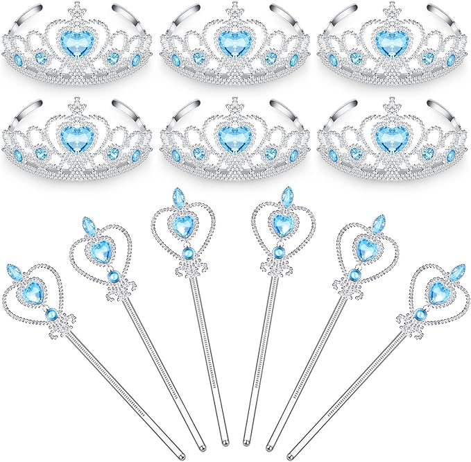 Chalyna 12 Pcs Princess Crowns Tiara Wand for Little Girl Silver Heart Jewel Plastic Tiara Winter Gift for Birthday(Blue,Heart Style)