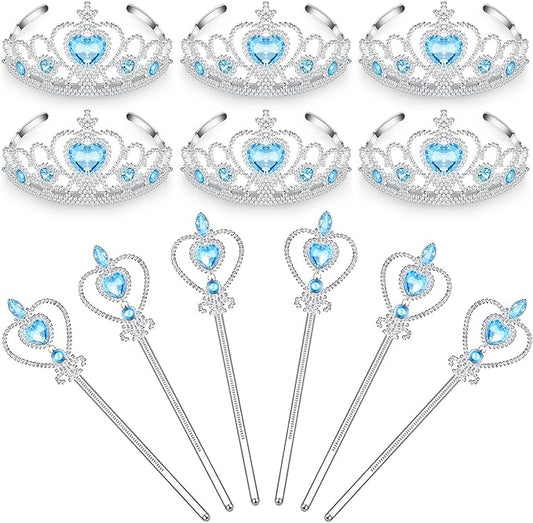 Chalyna 12 Pcs Princess Crowns Tiara Wand for Little Girl Silver Heart Jewel Plastic Tiara Winter Gift for Birthday(Blue,Heart Style)
