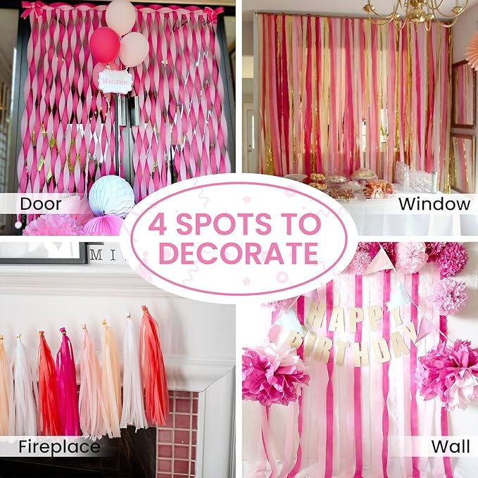 PartyWoo Pink Crepe Paper Streamers 6pcs 492ft Pack of Light Hot Dark Pink Peach Ivory White Crepe Paper Streamers for Birthday Gender Reveal Baby Shower Graduation Bachelorette Party Decorations