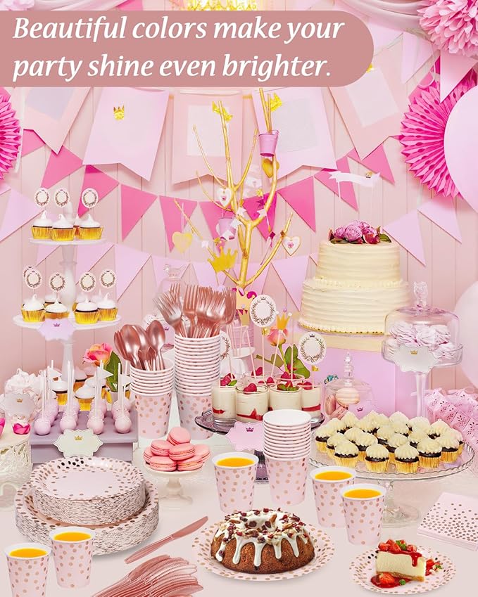 350 Pieces Party Supplies, Pink and Rose Gold Dots Party Plates Cups and Napkins Sets with Plastic Knives forks spoons, Disposable Tableware Serves 50 Sets for Wedding, Birthday, Graduation, Festivals