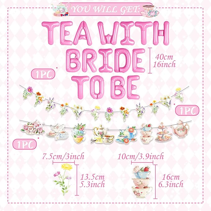 LaVenty Tea With Bride To Be Balloons Let's Par Tea Decorations Balloon Garland Arch Banner Floral Butterfly Teapot Banner for Bridal Shower Bachelorette Wedding Party