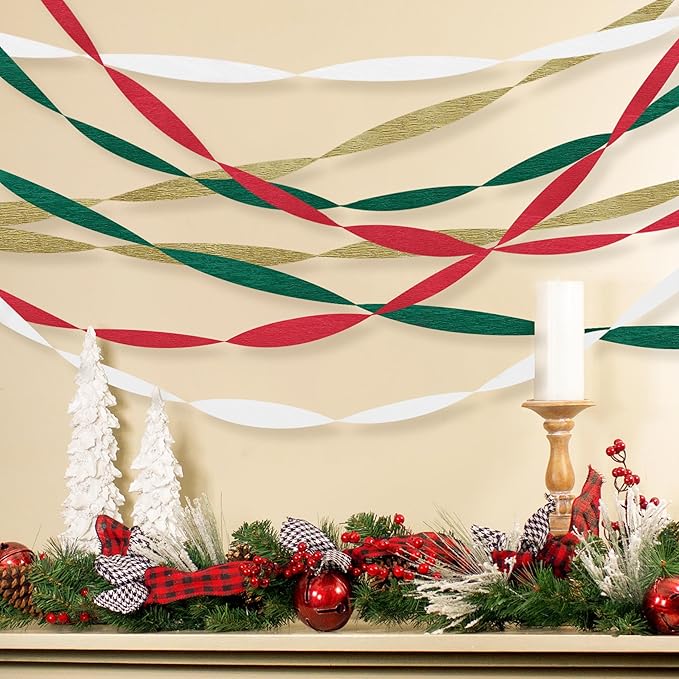 8 Rolls Christmas Crepe Paper Streamers Red Green Gold and White Streamers for Christmas Party Decorations Birthday Baby Shower Gender Reveal Wedding Graduation Party Decorations DIY Crafts