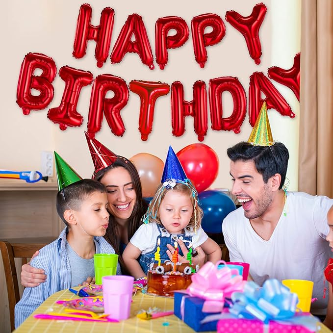 Happy Birthday Balloons Banner Red 16 Inch Mylar Foil Letters | Inflatable Party Decor and Event Decorations for Kids and Adults | Reusable, Ecofriendly Fun