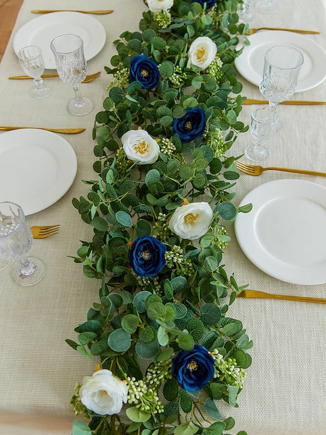 PARTY JOY 6.56ft Eucalyptus Garland with Flowers-8 Blue White Roses, Artificial Fake Flowers Greenery Garland Floral Vines for Decoration Party Wedding Table Indoor Outdoor Backdrop Wall Decor
