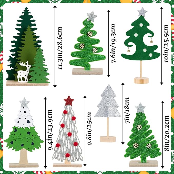SUNBEAUTY Christmas Table Decorations 7PCS Mini Christmas Trees Felt Centerpieces for Table Decoration with Wooden Base Christmas Tabletop Home Holiday Xmas Party Decor