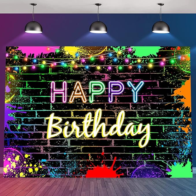 Mocsicka Glow Birthday Backdrop Neon Glow-in-the-Dark Party Banner Decoration Glowing Crazy Rainbow Birthday Photo Backdrop Photo Prop (Glowing design, but not really glowing) (7x5 feet (82x60 inches)