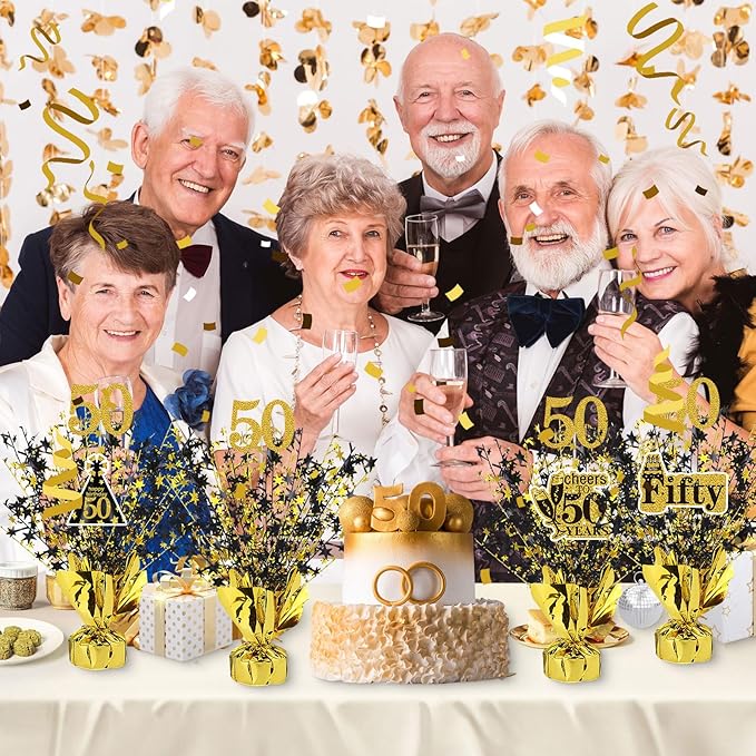 Tatuo 4 Pcs Metallic Foil Spray Centerpiece Happy 30th 40th 50th 60th Years Centerpiece Table Decorations for Black and Gold Birthday Anniversary Wedding Party Table Decor(50th Birthday)