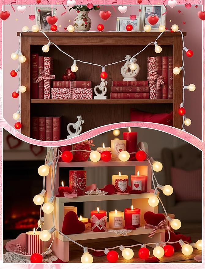 25FT LED Valentine’s Day String Lights, 25 G40 Valentines Decoration Lights Outdoor with Frosted Red White Bulbs, Hanging Patio Lights Shatterproof for Mother's Day Decor Wedding Party, White Wire