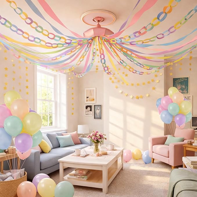 Gleebixi Pastel Birthday Party Decorations Kit with 492ft Crepe Paper Streamers, 300 Sheets Paper Chain Strips, 78.6ft Gold Star Garland and 30Pcs 12" Pastel Balloons for Hanging Decor