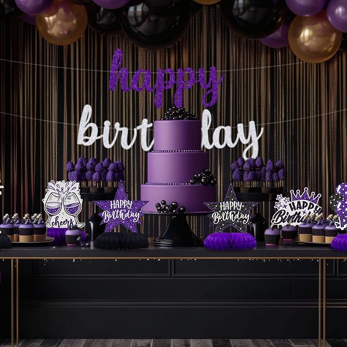 Black and Purple Birthday Decorations – 12PCS Honeycomb Table Centerpieces for Women Men Adults – Happy Birthday Table Decor Party Supplies