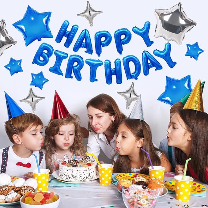 CANREVEL Happy Birthday Banner 13pcs 16 Inch Mylar Foil Letters Sign with 8pcs Star Balloons Birthday Party Decorations for Kids and Adults - 3D Blue