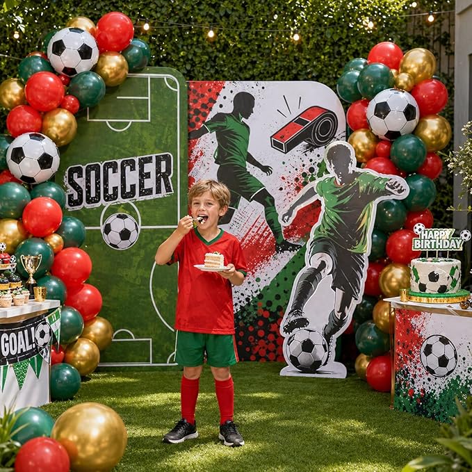 Soccer Balloons, Dark Green Red and Gold Football Theme Balloons with 4D Foil Football Balloon for Boys Kids Soccer Birthday Sports Themed Baby Shower Graduation Party Decorations