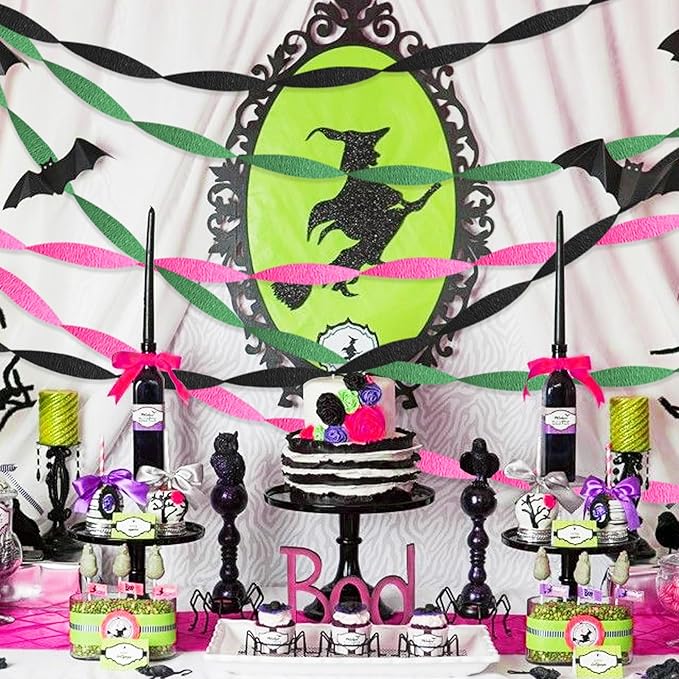 Pink Green & Black Crepe Paper Streamers Party Decorations for Birthday, Flamingo, Hip-Hop, Witch Themed Party etc. 9 Rolls